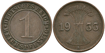 Германия 1 рейхспфенниг 1933 A KM 37, J. 313 бронза 4189-1168