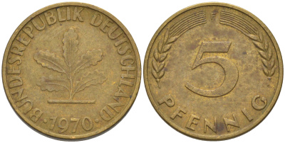ФРГ 5 пфеннигов 1970 F KM 107, J. 382 сталь плакированная латунью 4514-552