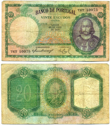 Португалия 20 эскудо 1954 25 мая 1954, подписи Carlos de Barros Soares Branco & Manuel Antуnio do Casal-Ribeiro de Carvalho Pick 153а. 1954(9) бумага 7219-22-1-2