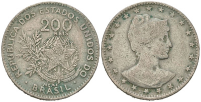 Бразилия 200 рейс 1901 голова свободы вправо KM 504 медно-никель 92-951