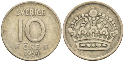 Швеция 10 эре 1954 Густав VI Адольф (1950-1973) KM 823 серебро 4147-911