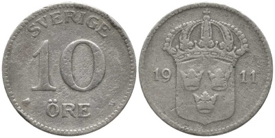 Швеция 10 эре 1911 W, Густав V (1907-1950) КМ 780 серебро 201-1067