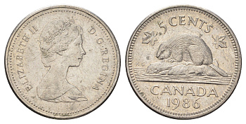 Канада 5 центов 1986 Елизавета II (1952-2022), бобр KM 60.2a медно-никель 4689-431