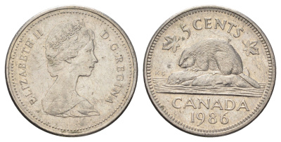 Канада 5 центов 1986 Елизавета II (1952-2022), бобр KM 60.2a медно-никель 4689-431
