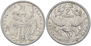 Французская Новая Каледония 2 франка 2003 птица кагу, (IEOM) KM 14, Schoen 11, Lec 68h алюминий    28-842