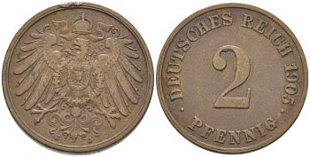 ГЕРМАНИЯ 2 ПФЕННИГА 1905 J KM 16, J. 11, Weege 4 медь 206-468