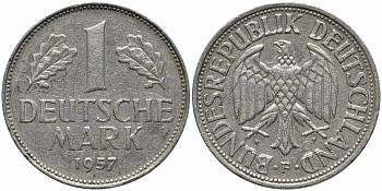 ФРГ 1 МАРКА 1957 F KM 110, J. 385 медно-никель 113-211