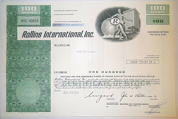 США, ROLLINS INTERNATIONAL, INC. 100 акций 1973 бумага 00-00