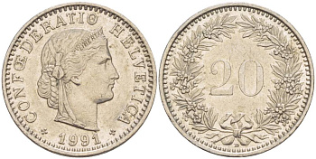 ШВЕЙЦАРИЯ 20 РАППЕНОВ 1991 В KM 29а медно-никель 4544-734