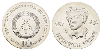 ГДР 10 марок 1972 A, 175 лет со дня рождения Генриха Гейне KM 39 серебро  UNC  1099-1-53