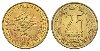 Центральная Африка (BEAC) 25 франков 1996 KM 10 медь алюминий никель UNC 4652-1033