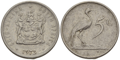 ЮАР 5 центов 1973 герб, райский журавль KM 84 никель 66-328