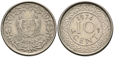 Суринам 10 центов 1974 KM 13 медно-никель 4585-852