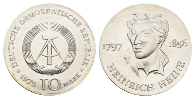 ГДР 10 марок 1972 A, 175 лет со дня рождения Генриха Гейне KM 39 серебро  UNC  1099-1-53