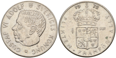 Швеция 1 крона 1972 U, Густав VI Адольф (1950-1973) KM 826а медь плакированная медно-никелем 4161-641