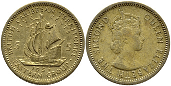 Британские Восточно-Карибские территории 5 центов 1955 Елизавета II (1952-2022), парусник KM 4 никель латунь 89-1857