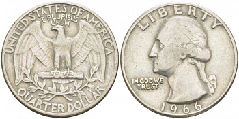 США 25 центов (квотер) 1966 Вашингтон KM 164a медь плакированная медно-никелем 3457-746
