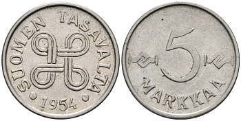 Финляндия 5 марок 1954 KM 37а никелированное железо 4585-926