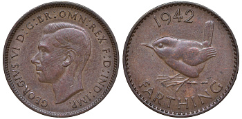 Великобритания 1 фартинг 1942 Георг VI (1936-1952) KM 843, Spink 4116 бронза 4609-1053