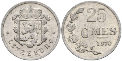 Люксембург 25 сантимов 1970 Герцог Жан (1964-1999) KM 45a.1 алюминий 4136-527