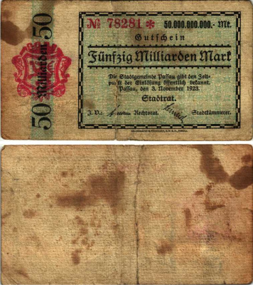 ПАССАУ 50000000000 МАРОК 1923 НОТГЕЛЬД, 3 НОЯБРЯ 1923, ЗЕМЛЯ БАВАРИЯ Keller 4243t бумага 6318-38-3-1