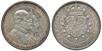 Швеция 2 кроны 1907 Оскар II (1872-1907) король Швеции, золотая свадьба KM 776 серебро 4117-716