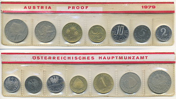 Австрия набор из 7 монет  1979  2, 5, 10, 50 грошей, 1, 5, 10 шиллингов, в целлофане KM PS 39 PROOF 4399-9-3