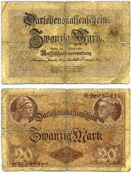 Германия 20 марок 1914 5 августа 1914, номер шестизначный, серия К Pick 48, Роземберг 49а бумага G 6280-25-1-2