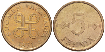 ФИНЛЯНДИЯ 5 ПЕННИ 1971 KM 45 медь 100-163