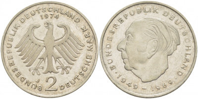 ФРГ 2 МАРКИ 1974 J, ТЕОДОР ХОЙС KM 127, J. 407 медно-никель плакированный никелем 3718-1116