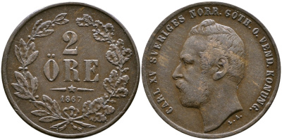 Швеция 2 эре 1867 Карл XV (1859-1872) KM 706 бронза 83-1815