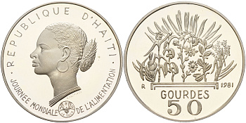 Гаити 50 гурдов 1981 50 лет FAO, голова женщины KM 149 серебро PROOF 1066-1-22-M16-13