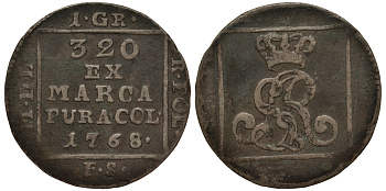 Польша 1 грош 1768 FS, Станислав Август Понятовский (1764-1795), вес 1,89 гр., Варшавский монетный двор KM 183 (C47), Kopinski 397.3a серебро 1516-1144