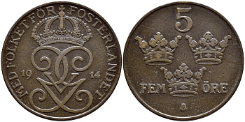 Швеция 5 эре 1914 Густав V (1907-1950) KM 779.2 бронза 4394-835