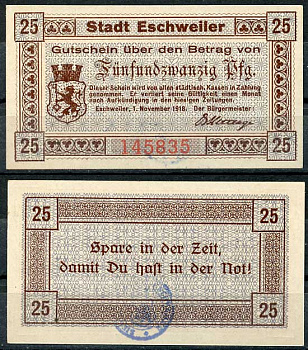Германия, Эшвайлер 25 пфеннигов 1918 нотгельд, 1.11.1918 бумага UNC (пресс) 8614-46-1-1