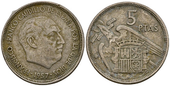 Испания 5 песет 1957 (59) Франсиско Франко (1939-1975) KM 786 медно-никель 186-423