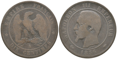 ФРАНЦИЯ 10 САНТИМОВ 1856 A, НАПОЛЕОН III (1852-1870) KM 777.1, LA FRANC 133.32 бронза 51-2733