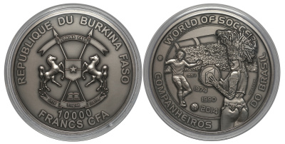Республика Буркина Фасо 10000 франков 2014 Чемпионат мира по футболу 2014, Бразилия, 1 килограмм KM NEW серебро PROOF 00-000-00