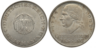 Германия 3 марки 1929 A, 200 лет со дня рождения Лессинга J. 335, KM 60 серебро aUNC 00-809-13