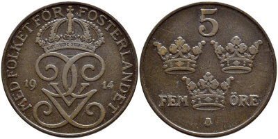 Швеция 5 эре 1914 Густав V (1907-1950) KM 779.2 бронза 4394-835