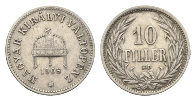 Венгрия 10 филлеров 1908 KB, Франц Иосиф I (1848-1916) KM 482 никель 4665-723