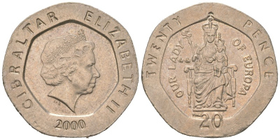 Гибралтар 20 пенсов 2000 KM 777 медно-никель aUNC 4618-627