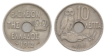 Греция 10 лепт 1912 Георг I (1863-1913), сова KM 63 никель 4655-346