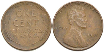 США 1 ЦЕНТ 1941 ЛИНКОЛЬН KM 132 бронза 3309-1248
