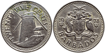 Барбадос 25 центов 1978 ветряная мельница Моргана Льюиса KM 13 медно-никель 4398-344