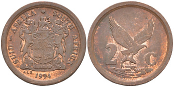 ЮАР 2 цента 1994 орел с рыбой KM 133 сталь плакированная медью 187-261