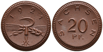 Саксония 20 пфеннигов 1921 колосья и серп J. N 53 фарфор UNC 1094-9-33