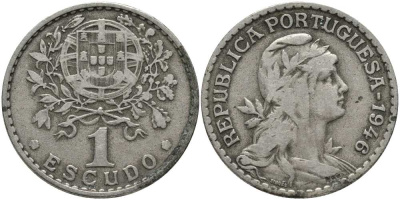 ПОРТУГАЛИЯ 1 ЭСКУДО 1946 ГОЛОВА СВОБОДЫ ВПРАВО КМ 578 медно-никель 202-347