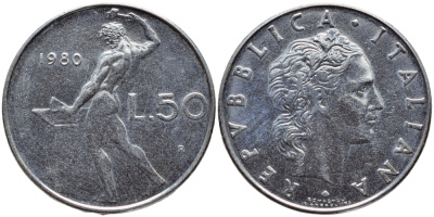 ИТАЛИЯ 50 ЛИР 1980 R, КУЗНЕЦ KM 95.1 сталь 4397-535