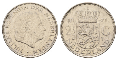 Нидерланды 2 1/2 гульдена 1971 Юлиана (1948-1980) KM 191 никель 4683-911